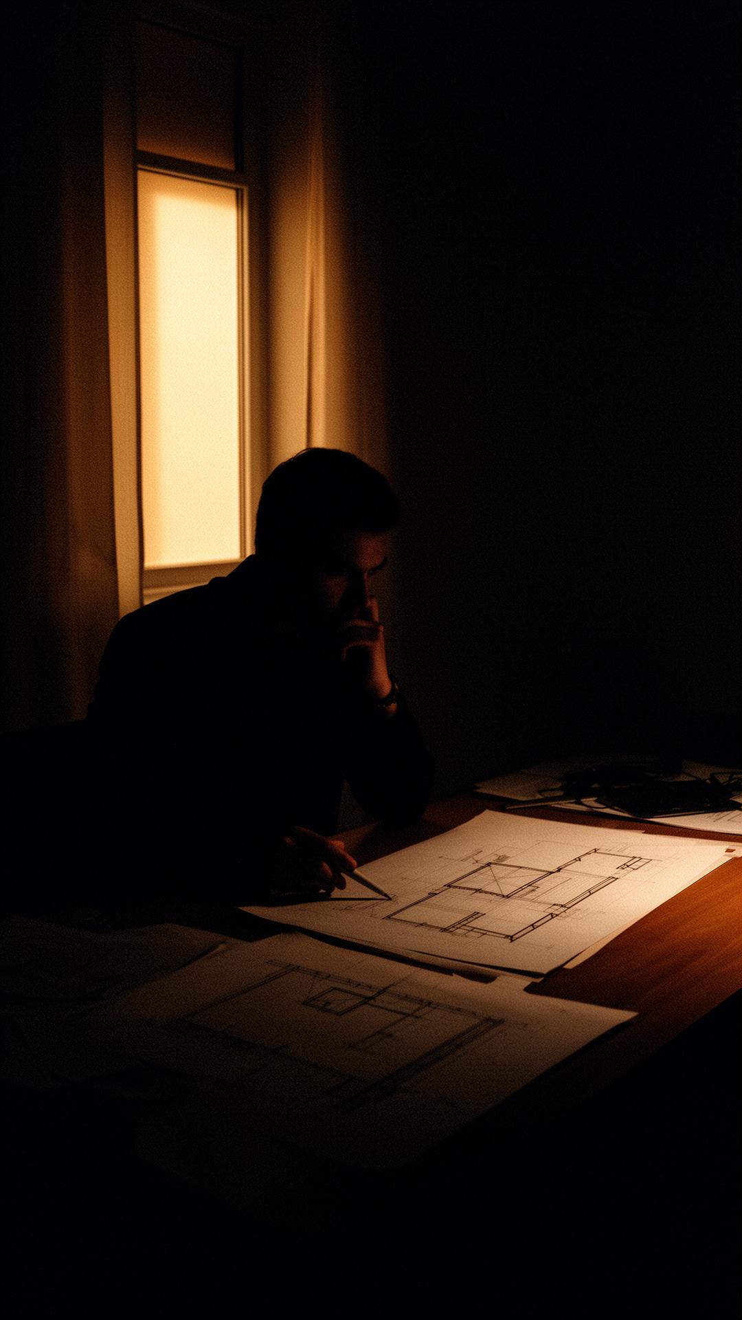 A figure at a desk reviewing architectural sketches by warm window light.