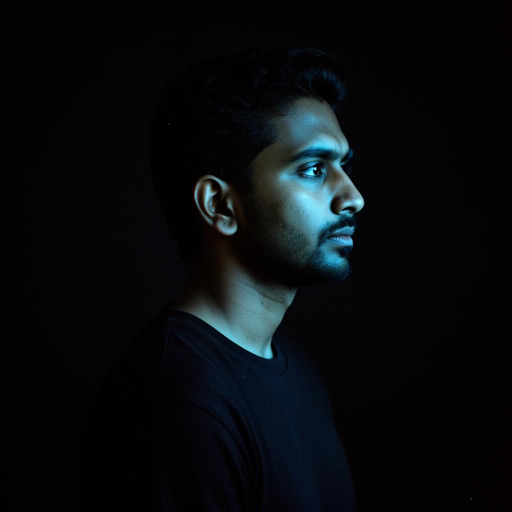 Preetham Changappa, in profile, low-key portrait