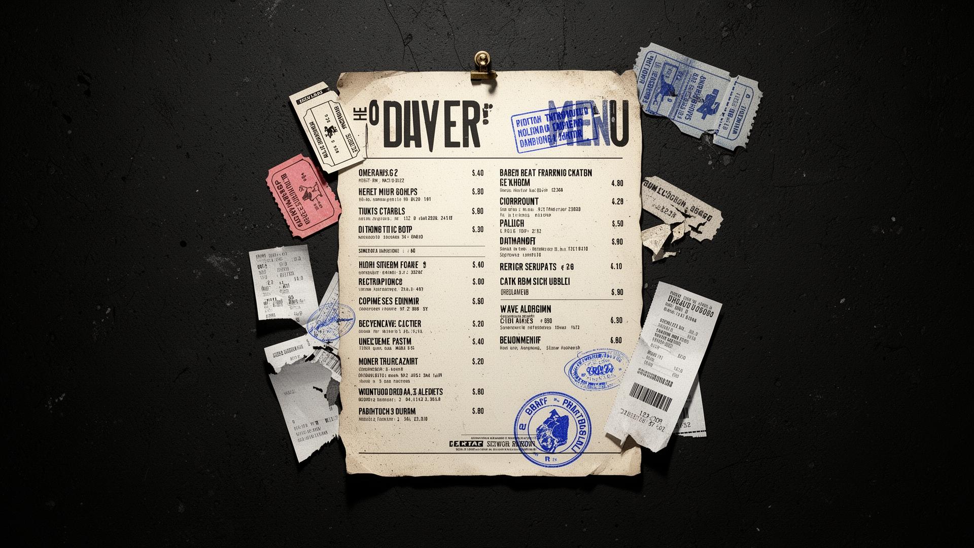 The menu, pinned to a wall
